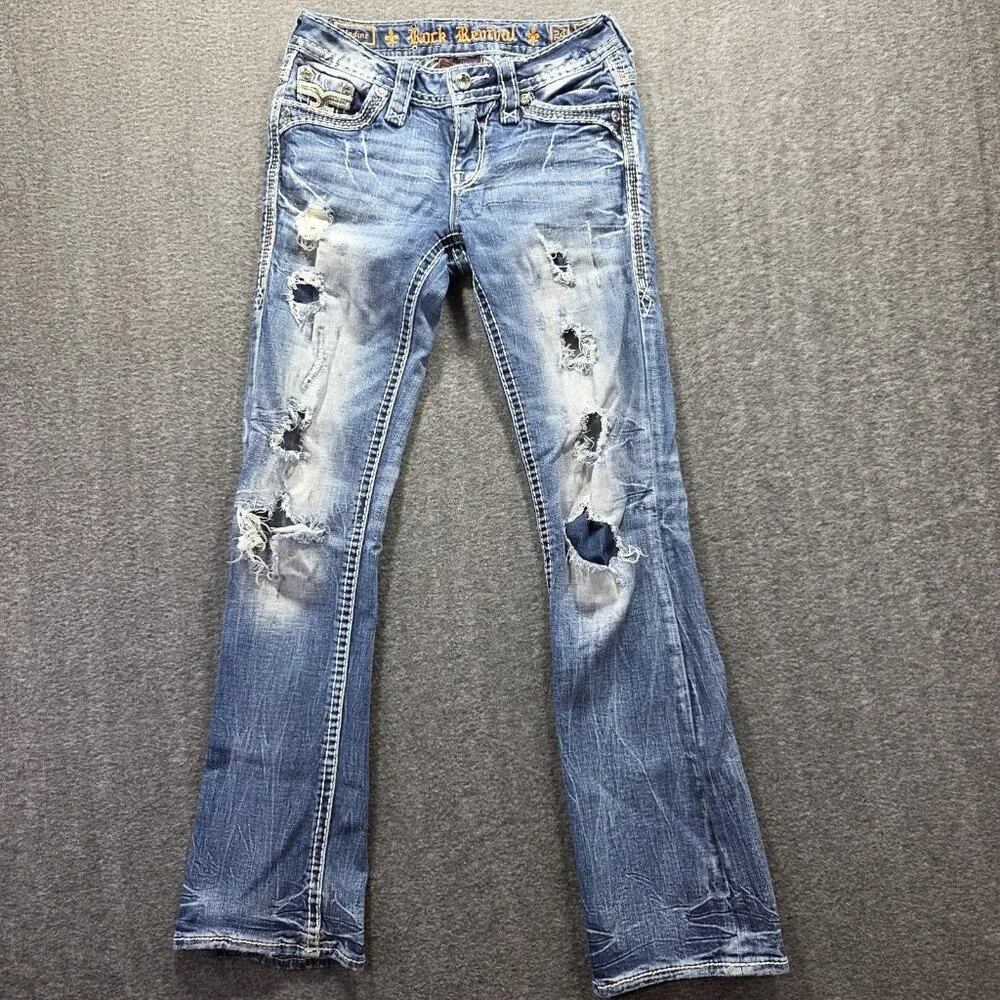 Rock Revival Jeans Womens 24 Bootcut Nadine Distressed Rhinestone Embroidered - Picture 1 of 11